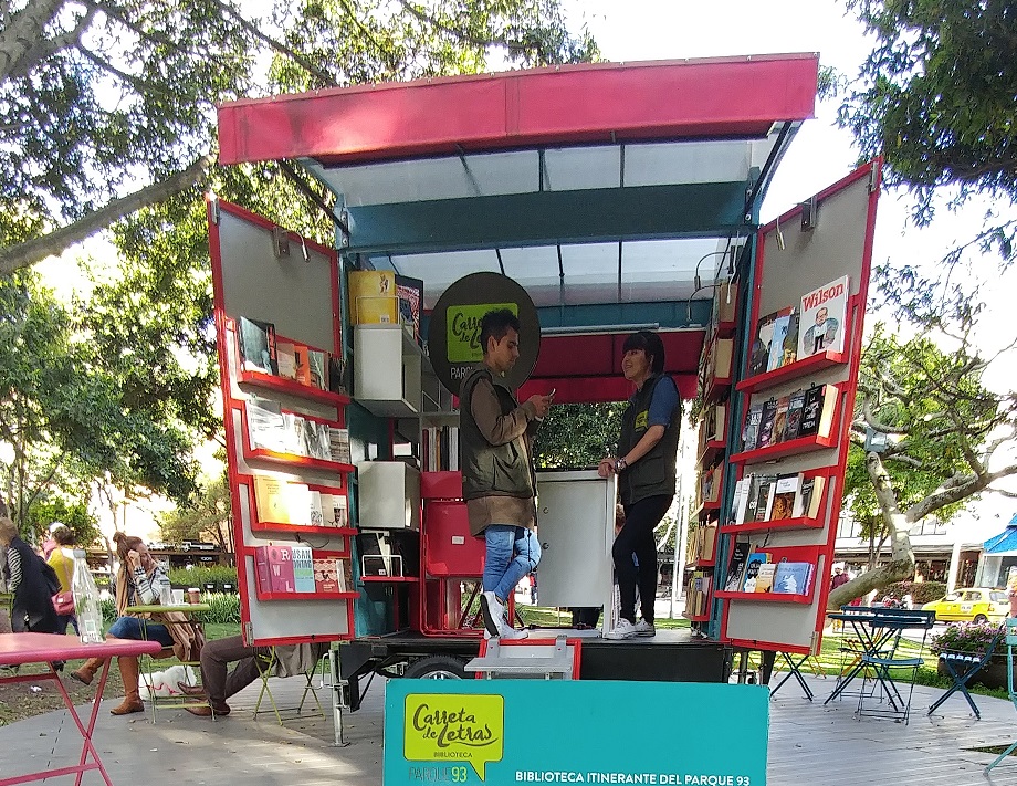 A pop-up library in a park in Bogata, Columbia